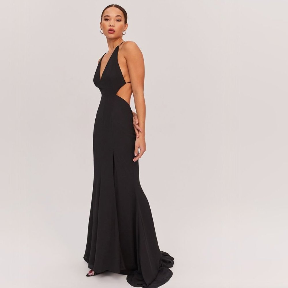 Fame and Partners Nikita Gown Black Georgette Open Back High Slit NWT 4.